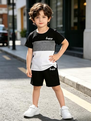 Image of Yoxindax Toddler Kid Boy Clothes Colorblock Letter Graphic Tee Shorts 2PC Summer Outfit Set