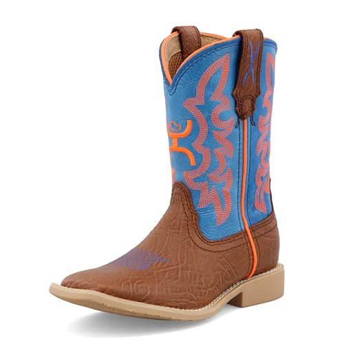 Twisted X Kid's Hooey Boot, New Wide Square Toe, Cognac Bullhide & Neon Blue (M 10-13.5), 13.5 M