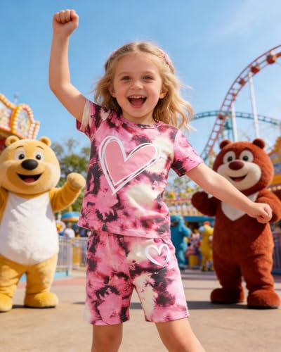Image of Kids Girl Clothes Tie Dye Heart Print Short Sleeve Top and Shorts Toddler Girl Summer Outfits Short Set