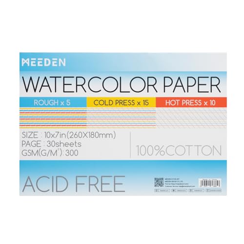 Papel de acuarela 100% algodón MEEDEN bloc de 30 hojas de 300g para gouache y tinta