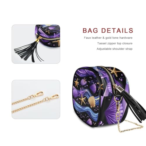 ALAZA Women's Wave Starfish Seashell Pattern PU Leather Crossbody Bag Shoulder Purse with Tassel2