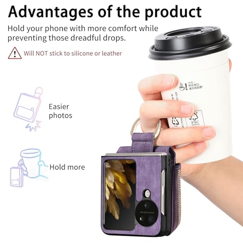 COQUE Shell Oppo Find N3 Flip Protective Cover,Magnetic Folding Zipper Wallet Card Slot Mobile Phone Leather Case for Oppo Find N3 Flip-Purple - Image 2