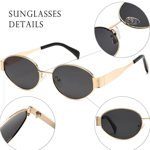 Generic Trendy Oval Sunglasses for Women Men Retro Sun Glasses Vintage 90s Style Designer Shades UV400 Protection, Gold/Grey3
