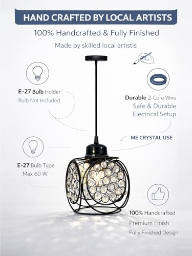 Image of Modern Black Metal Crystal Pendant Light | Round Cage Hanging Ceiling Lamp | Decorative Chandelier Light for Living Room, Bedroom, Dining Area | Warm Ambient Lighting (Ring Cube Black)