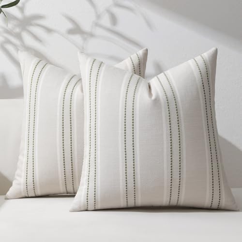 Image of Hckot Spring Decorative Pillow Covers 18x18 Striped Throw Pillows Textured Linen Green Pillow Covers Farmhouse Decor Cushion Covers for Couch Bed Living Room,Sage Green