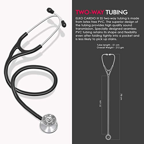 Image of ELKO EL-060 CARDIO III SS Stainless Steel Acoustic Stethoscope | Two-Way PVC Tubing | Double Sided Chestpiece For Adult & Pediatric Patient | Doctors & Medical Students (Black)