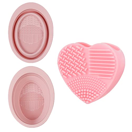 3 Handheld Design Heart Shaped Makeup Brushes Cleaners Silicone Makeup Brushes Cleaners Silicone Foldable Wash Bowls Powder Puffs Makeup Brushes Portable Washing Tools (Pink) #TOP26