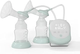 Hosioe Bomba de mama elétrica dupla Bomba de mama mãos livres para amamentação 2 modos e níveis ajustáveis Bateria embutida antirrefluxo de baixo ruído com 2 garrafas de leite de 150 mlb156