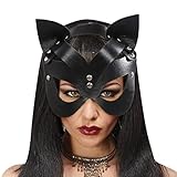 Women Faux Leather Masquerade Mask Black Gothic Metal Fox Cat Eye Mask for Men Ladies Halloween Costume Accessory Mardi Gras Animal Cosplay Half Face Masks
