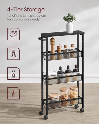 Image of VASAGLE Slim Rolling Cart, 4-Tier Storage Cart, Narrow Cart with Handle, 5.1 Inches Deep, Metal Frame, for Kitchen, Dining Room, Living Room, Home Office, Ebony Black and Classic Black ULRC032B04