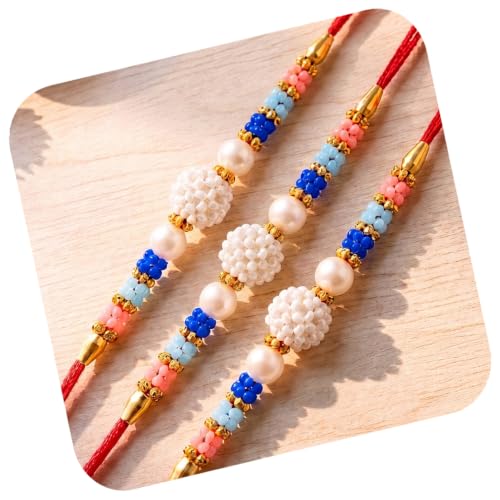 Image of Peora CZ Pearl & Crystals Studded Thread Rakhi for Brother Bhaiya | Combo Set of 3 | Raksha Bandhan Hamper with Roli Chawal & Greeting Card