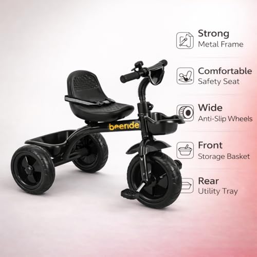 Image of Beeride Smart & Safe Kids Tricycle with EVA Wheels, Storage Basket & Seat Belt | 3-Wheel Tricycle for Toddlers Age 3-5 Years | Red Tricycle for Boys & Girls (Black)