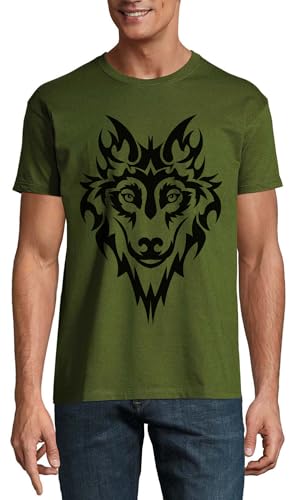 T-shirt homme vert chasseur Big Bad Wolf avec imprimé ethnique en pur coton col rond