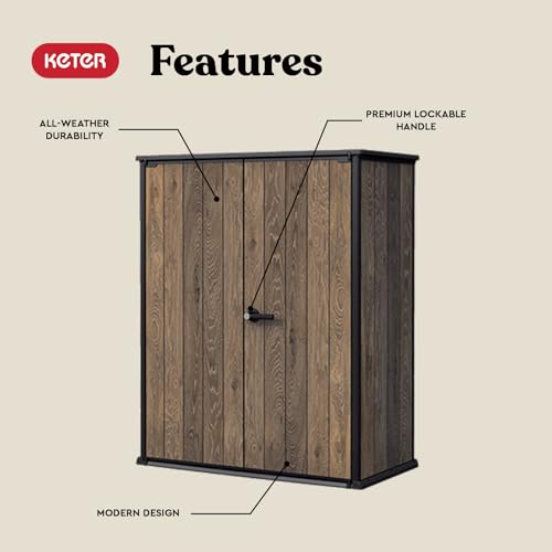 Image of Signature Collection Vertical Outdoor Storage Shed, Weather-Resistant Resin Storage Cabinet with Double Doors & Heavy-Duty Floor, Walnut