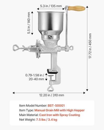 Image of VEVOR Manual Grain Mill with High Hopper, Hand-Crank Corn Grinder, Heavy Duty Cast Iron Wheat Grinding Mill with Stable Table Clamp for Grains Spices Coffee Beans Nuts