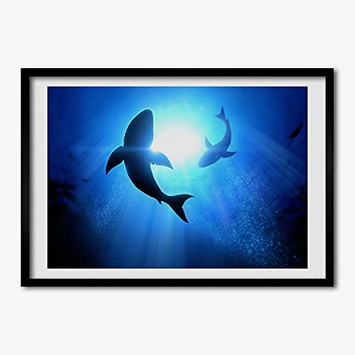 Affiche Tableau Décoratif deux Requins Peinture Photo Cadre MDF 70x50