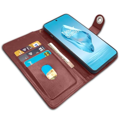 Image of Pikkme OnePlus 12R 5G Flip Cover Leather Finish | Inside TPU with Card Pockets | Wallet Stand and Shock Proof | Complete Protection Button Flip Case (Brown)