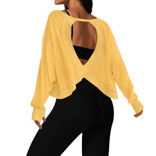 Image of UNIANKIYA Open Back Workout Tops for Women Long Sleeve Cropped Athletic Clothes Gym Running Yoga Low Impact Sports T Shirts