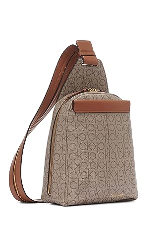 Image of Calvin Klein Women's Millie Backpack for Women - Vegan Leather Monogram Backpack, 2 Pockets, Almond /Taupe /Caramel, One Size