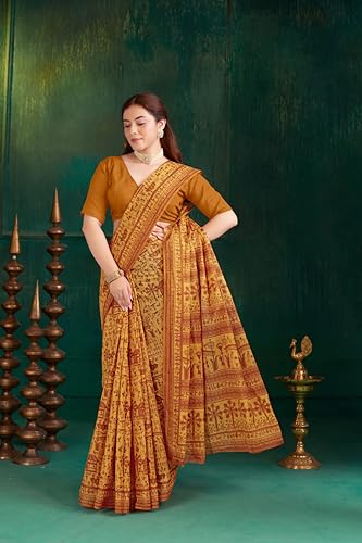 Image of TAMAIRA FASHION Off White Mulmul Pure Cotton Saree For Woman Warli Printed|Office Wear Daily Wear Sarees For Women Without Blouse Piece (Available in 21 Colours)