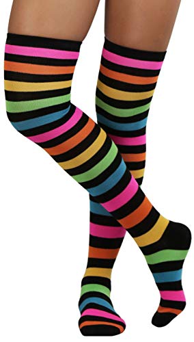 Image of ToBeInStyle Women's Bright Vibrant Rainbow Striped Thigh High Rave Stockings