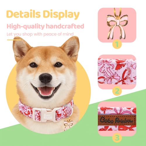 Image of Dog Collars, Cute Pink Bow Print Pet Collar Holiday Durable Adjustable Pendant Gift Collar with Quick Release Plastic Buckle for Large Dogs