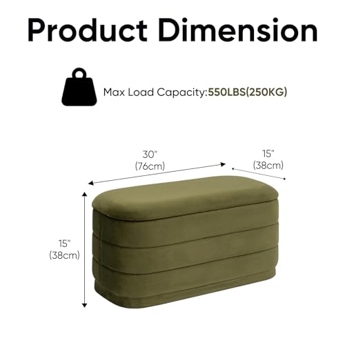 Image of 30 inch Velvet Storage Ottoman Bench with Wooden Tray Lid, Folding Large Upholstered Ottoman Footstool for Living Room, Rectangular Padded Foot Rest for Bedroom Living Room Dorm, Olive Green