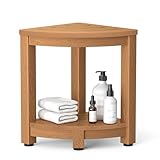 Y&M Corner Shower Stool for Inside Shower, Waterproof Shower Bench for Shaving Legs, 2-Tier Bath Bench with Storage Shelf for Bathroom, Living Room, Indoor or Outdoor Use, Teak
