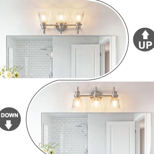 Image of Brushed Nickel Bathroom Light Fixtures, 18.8 Inch Modern Vintage Vanity Lights with Clear Striped Glass Shade, 3-Light Bathroom Wall Sconce Over Mirror for Entryway Bedroom