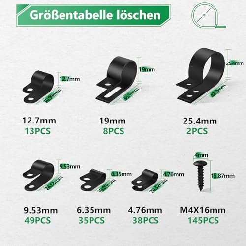 290 Stück R-Typ Kabelschellen, Nylon R Clips, Drahtklemmen, 4.7mm/6.3mm/9.5mm/12.7mm/19mm/25.4mm Kabelklemmen, Kunststoff Kabel Klemmen für Büro Zuhause Draht Kabelführung Kabelbefestigung Schwarz