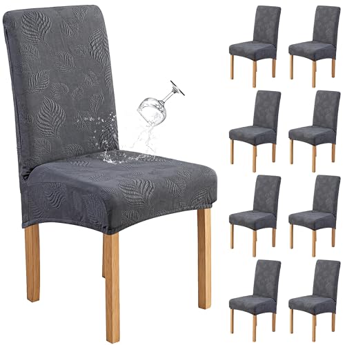 Image of Genina Waterproof Dining Chair Cover Set of 8,Kitchen Chair Cover,Dark Grey | Stretch Dining Room Chair Slipcovers with Leaf Jacquard,Removable Kitchen Chair Protector for Home,Restaurant,Banquet