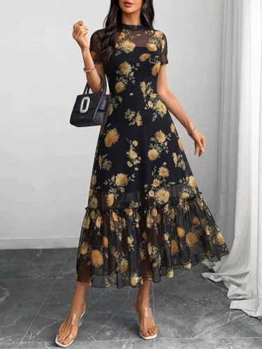 Image of GothDark Women's Summer Floral Mesh Ruffle Dress Short Sleeve Round Neck Waist Cinched Casual Maxi Wedding Guest Dresses