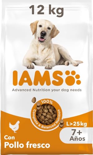 IAMS Alimento seco para perros de razas grandes con pollo fresco, comida seca para perros senior de edad de más de 7 años, 12 kg