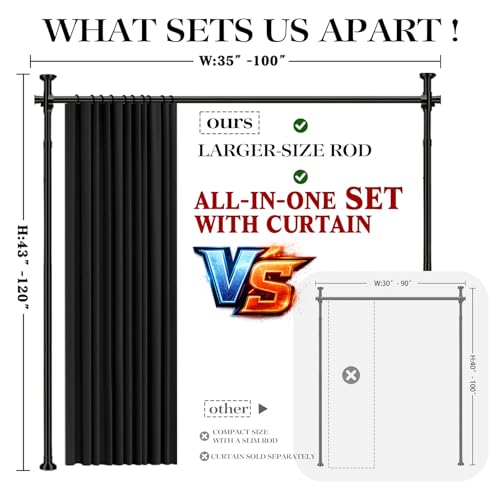 Image of Room Divider Curtain Set-No Drilling Curtain Rod Set, Room Divider Wall for Partition Room Dividers, Bedroom Divider Black-100 W x 96 inch L(Pack of 1)
