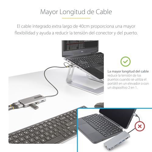 Adaptador USB-C a HDMI doble multipuerto con tres conexiones USB-A de 5Gbps y cable largo 5