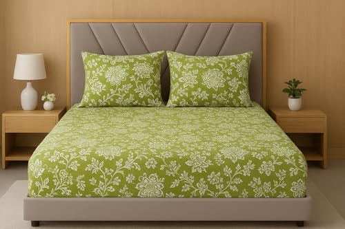 Image of 400TC Cotton Feel Glace Cotton Fully Elastic Fitted Bedsheet Single Size Bed with 1 Pillow Cover (36 inch x 78 inch inches, Aarchid Green)