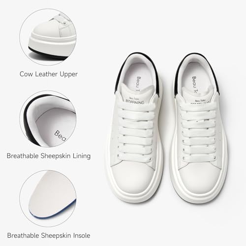 Image of BEAU TODAY Platform White Sneakers for Women,Leather Casual Tennis Shoes