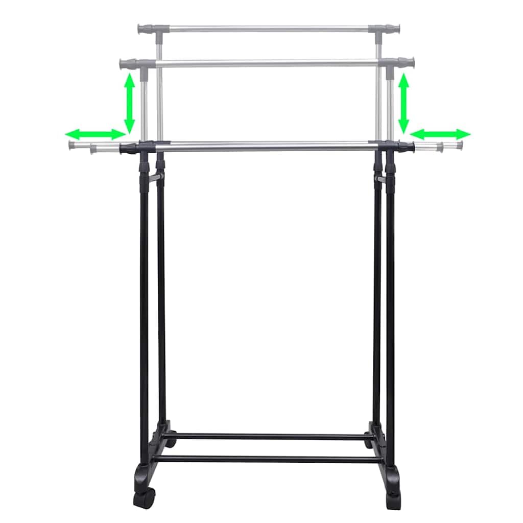 Verstellbarer Kleiderständer aus Edelstahl mit 4 Rollen, 2 ausziehbaren Kleiderstangen bis 150 cm, höhenverstellbar 108-170 cm, rollbar und klappbar