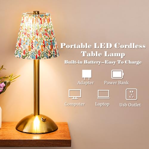 Image of Liliful 2 Pcs Cordless Table Lamp Rechargeable Touch LED Small Gold Portable Battery Operated USB-c Desk Lamp 3 Color Dimmable for Bedroom Living Room Dining (Gold,Floral Style)