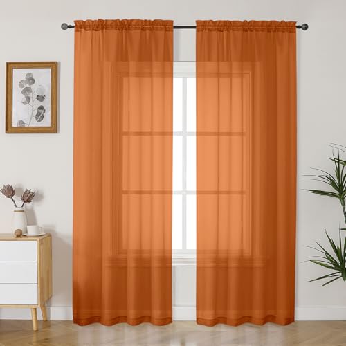 Gwine Burnt Orange Sheer Curtains 84 Inches Long 2 Panels Set for Living Room Light Filtering Fall Curtains for Bedroom Living Room Elegant Window Curtain Drapes Each 42 Wx84 L