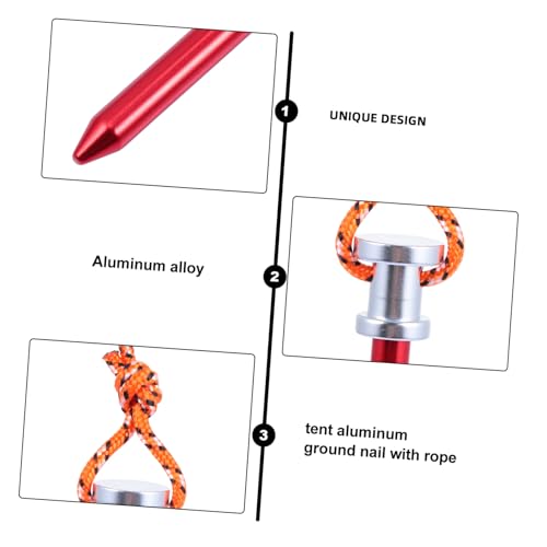 5 piezas Estacas de Camping de Aluminio Rojo con Cuerdas, clavijas resistentes para tienda de campaña, toldos, playa, nieve y hielo, anclas compactas y fuertes para montaje seguro miniatura 6