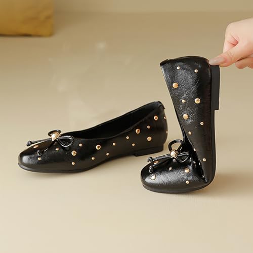 Women's Leather Studded Ballet Ballerina Flats Cute Bowknot Comfortable Round Toe Slip On Dressy Flat Shoes for Wedding Party Daily Work4