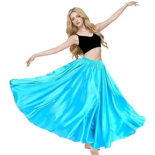 MUNAFIE Señoras de Raso Largo Falda de Danza del Vientre Falda de Baile Traje de Danza del Vientre para el Carnaval de Rendimiento Azul Claro