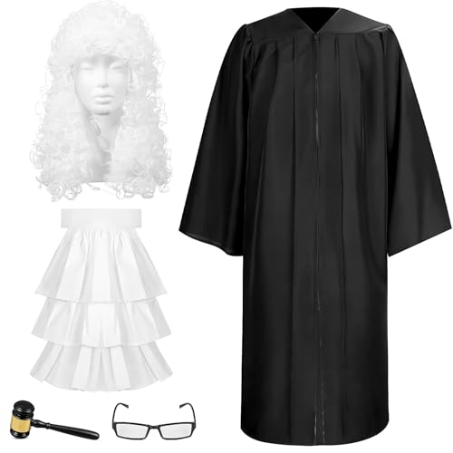 Costume de Juge Adulte 5 Pièces, Robe Noire, Perruque Blanche et Marteau
