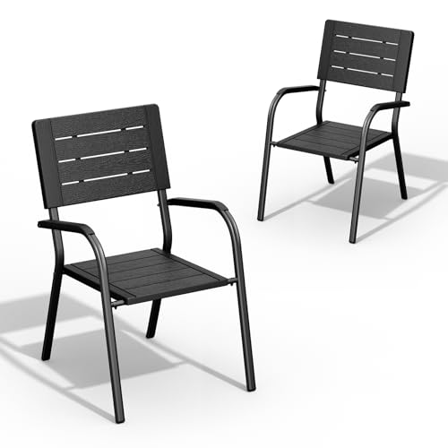 Image of VINGLI Outdoor Patio Dining Chairs, Stackable HDPE All-Weather Arm Chairs, Weatherproof Outdoor Seating for Garden, Backyard, Poolside, Balcony,Black (2 Pack)