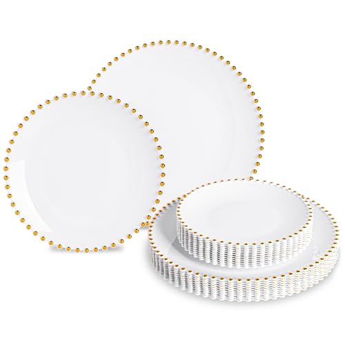 HOMIP 50Pcs Fancy Disposable Dinnerware Party Set, Elegant Plates Include 25Pcs Dinner Plate 10", 25Pcs Dessert Plate 7" with Gold Rimed,Plastic Silverware for Wedding Birthday Party
