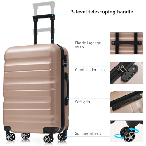 6 Piece ABS Hardshell Luggage Set, Lightweight Suitcases with Dual Spinner Wheels, Complete Carry On and Checked Bags for Family Travel & Business (Champagne)3