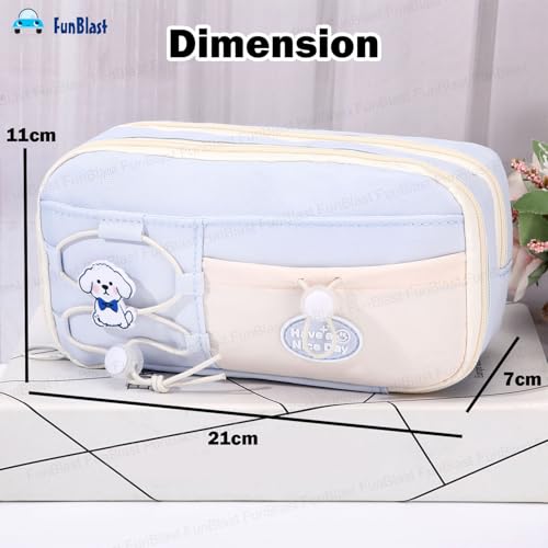 Image of FunBlast Pencil Pouch for Girls - Aesthetic Multi-Compartment Zipper Pouch with Drawstring Pocket, Cute Kawaii Pencil Case, Stylish Stationery Pouch, Return Gift for Kids & School Use (Blue)