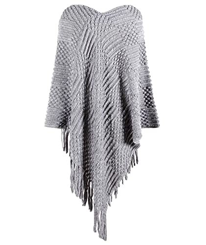 Image of xxxiticat Women's Tassel Poncho Scarf Batwing Sleeve Loose Fringe Hem Round Ball Cape Shawls Knitted Pullover Sweaters