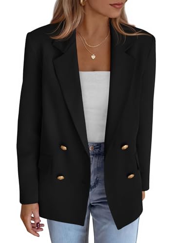 Business Casual Fall Long Sleeve Double Breasted Open Front Work Suit Jacket with Pockets